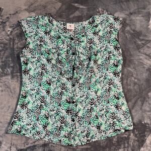 Worthington Petite PL Floral Sleeveless Blouse Green Black Career Top